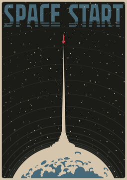 Space Start! Retro Future Space Illustration. Rocket launch, Asteroid, Deep Space Background 