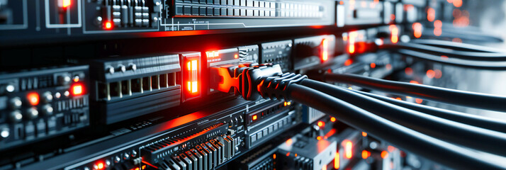 Naklejka premium Network server technology, closeup on computer communication equipment, abstract digital infrastructure