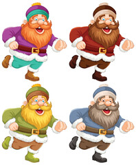Four cheerful dwarves with distinct colorful clothing.