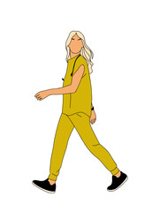 Fototapeta na wymiar Female Doctor, nurse, paramedic in medical uniform scrub walking side view in hurry. Pretty woman hospital worker character. Vector colored outline hand drawn illustration on transparent background.
