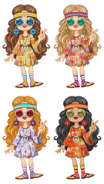 Four stylish girls in colorful hippie outfits.