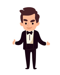 Cartoon happy young man in suit and bow tie, groom, vector illustration