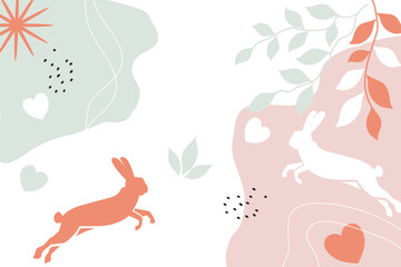 Pastel colored Easter background with botanical elements, rabbits and hearts, flat modern minimalist