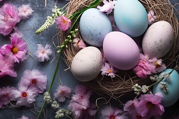A pastel Easter arrangement featuring a mix of spring flowers and colored eggs against a light pastel backdrop