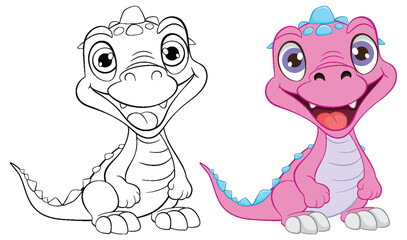Colorful and outlined cartoon dragon characters smiling.