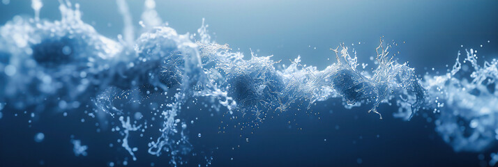 Splashing water droplets, abstract purity and freshness concept, vibrant blue liquid motion background