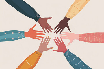 Hands of people of different nationalities arranged in a circle, diversity concept