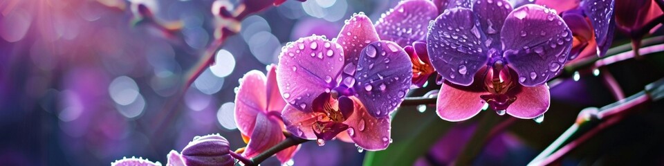 A dew-kissed orchid in shades of purple and magenta, its intricate details illuminated by soft natural light