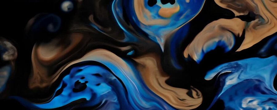 Swirling Ink Dance - captivating cinematic video showcasing the graceful dance of ink swirls, blending the bold hues of blue and brown against a dark backdrop