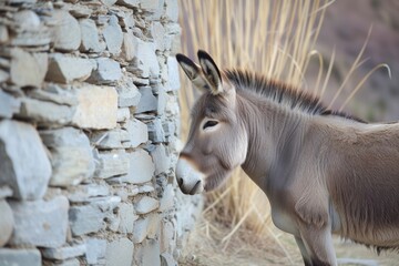 side view of a donkey standing beside an old stone wall