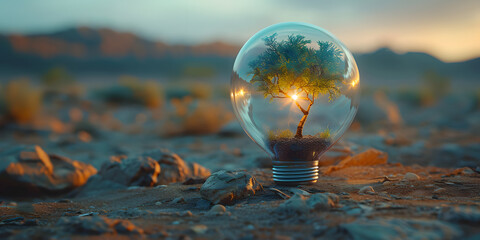 a tree seedling in an oxygen cylinder, desert background - obrazy, fototapety, plakaty