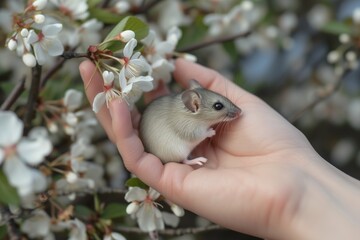 hand gently holding mouse near blossoming plant