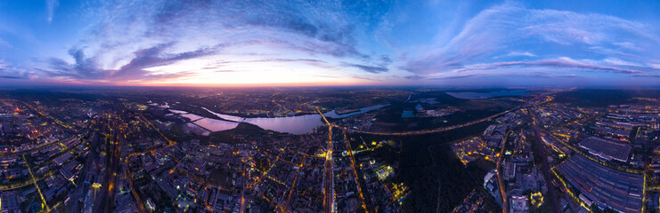 Lipetsk, Russia. Metallurgical plant. Left Bank District. Glow after sunset. Summer. Panorama 360. Aerial view