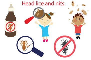 Head lice and nits,tiny insects that live in hair,the empty egg cases attached to hair,itchy scalp,child with lice,Boy,girl and child, girl with lice on her head. Vector illustration,Lice vectors - obrazy, fototapety, plakaty