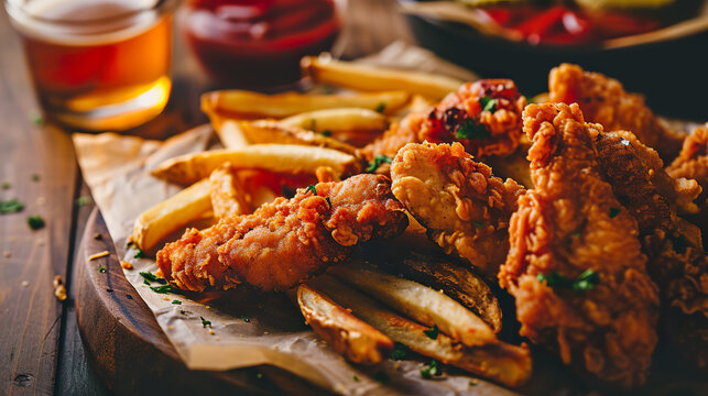 Fried chicken fingers with Fries, close-up, ultra realistic food photography