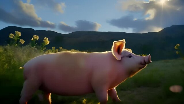Graceful Pig in a Serene Meadow - pig is illuminated by soft lighting that casts a gentle glow on its body. The overall mood of the image is tranquil and serene.