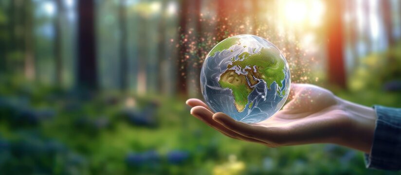 Human hand holding crystal earth globe or glass globe ,concept of environmental conservation, planet protection.
