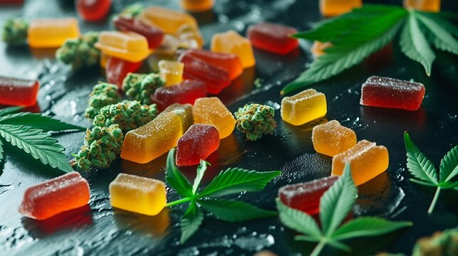 Colored gum candy jelly with marijuana leaves on a black glass background