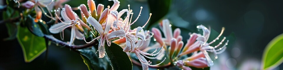 A cluster of honeysuckle blossoms, their fragrant blooms glistening with dew, invoking the essence of a spring morning