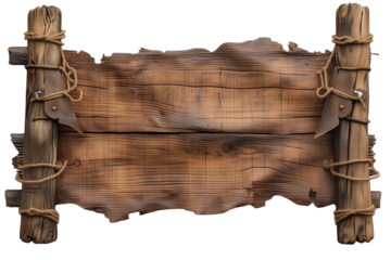 Handcrafted Wooden Signboard with Leather Straps and Rope on Isolated Background