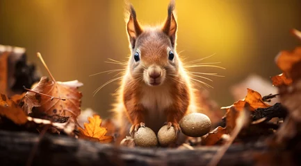 Zelfklevend Fotobehang a squirrel standing on a pile of eggs © Cornilov