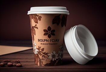 Brown take away coffee paper cup mock up with white lid on wooden background. Generative AI