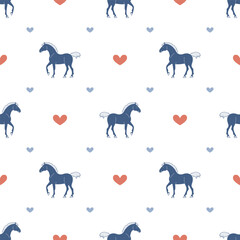 Cute seamless pattern with horses and hearts in Scandinavian style