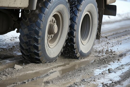 Fototapeta closeup of truck wheels and suspension while traversing potholes