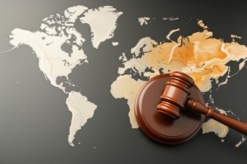 gavel on the world map, emphasizing global judiciary jurisdiction - obrazy, fototapety, plakaty