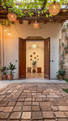 Fototapeta na wymiar Luxury countryside home entrance designed in rustic style