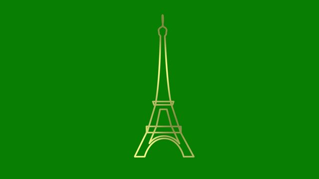 Animated golden Eiffel Tower is drawn. Linear symbol of France. Looped video. Concept of Paris, trip, travel, construction, journey. Line vector illustration isolated on green background.

