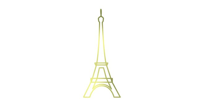 Animated golden Eiffel Tower is drawn. Linear symbol of France. Looped video. Concept of Paris, trip, travel, construction, journey. Line vector illustration isolated on white background.