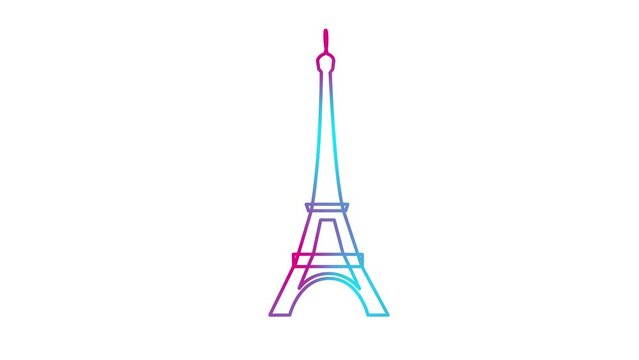 Animated pink blue Eiffel Tower is drawn. Linear symbol of France. Looped video. Concept of Paris, trip, travel, construction, journey. Line vector illustration isolated on white background.