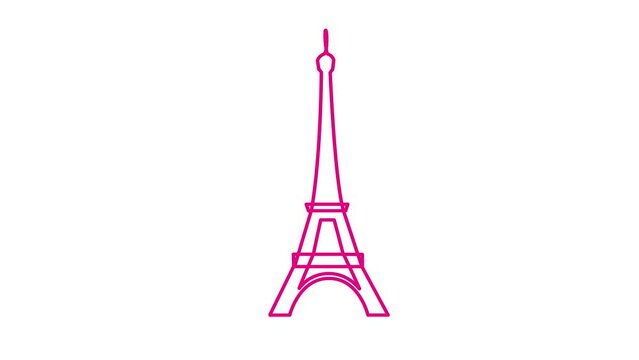 Animated magenta Eiffel Tower is drawn. Linear pink symbol of France. Looped video. Concept of Paris, trip, travel, construction, journey. Line vector illustration isolated on white background.
