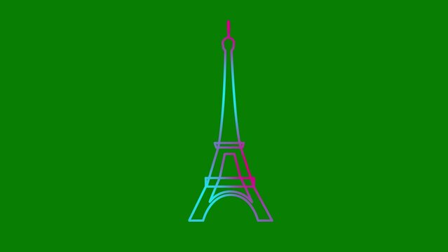 Animated pink blue Eiffel Tower is drawn. Linear symbol of France. Looped video. Concept of Paris, trip, travel, construction, journey. Line vector illustration isolated on green background.