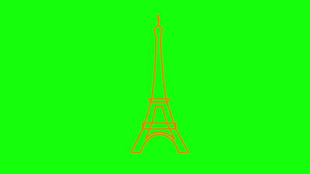Animated orange Eiffel Tower is drawn. Linear symbol of France. Looped video. Concept of Paris, trip, travel, construction, journey. Line vector illustration isolated on green background.
