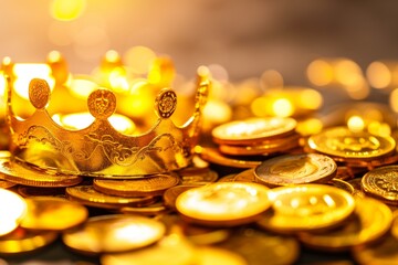 gold crown amongst a pile of golden coins on a table