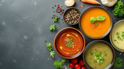 Healing soups and broths with seasoning on dark grey background with copy space.