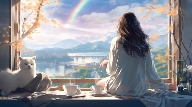 A woman with cat in the window looking at rainbow. Seamless looping time-lapse 4k video animation background