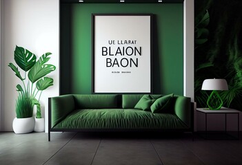 Big frame mockup in modern green interior background, 3d rendering. Generative AI