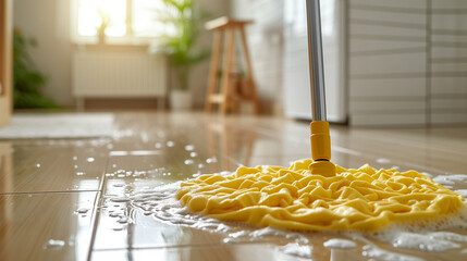 Closeup of yellow floor mop cleaning kitchen tile floor. - obrazy, fototapety, plakaty