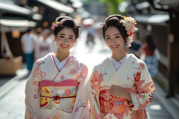 着物を着た日本人女性のグループが京都の町並みを観光してで幸せそうに微笑む