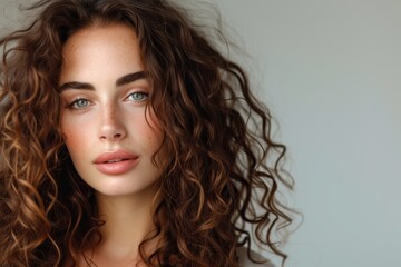 Fototapeta premium Gorgeous lady s portrait with curly long healthy hair natural beauty and a casual style against a gray backdrop