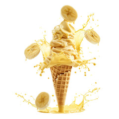 Banana and vanilla Ice cream in the waffle cone with splash isolated on white background