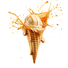 Caramel Ice cream in the waffle cone with splash isolated on white background
