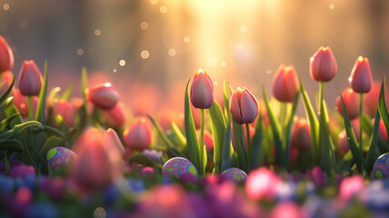 Tulips and Easter Eggs,Colorful Spring Blooms in Morning Light