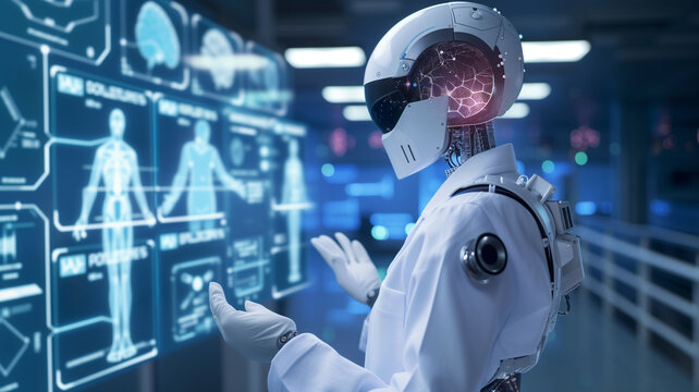 A digital canvas showcasing AI in healthcare, with medical data analysis graphics