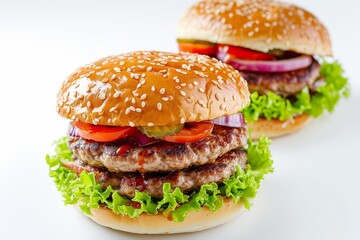 Gourmet burgers photographed on white background fast food style Shots of table top sandwiches
