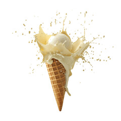 Vanilla Ice cream in the waffle cone with splash isolated on white background