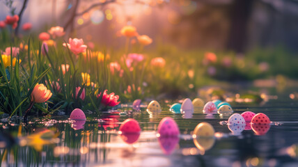 Obraz na płótnie Canvas Serene Pond Reflection, Springtime Blooms and Easter Eggs at Dawn